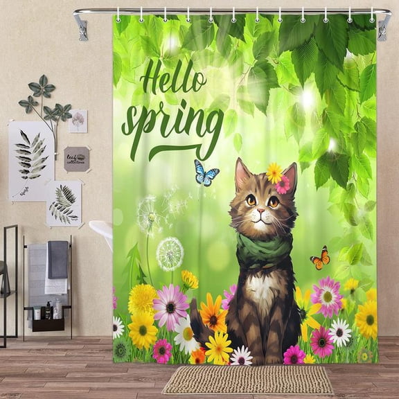 Spring Shower Curtain for Bathroom, Hellow Spring Cat Butterfly Floral Shower Curtain Set, Green Leaves Easter Fabric Shower Curtain Restroom Bathtub Decor Accessories with Hooks 47X 64 inch