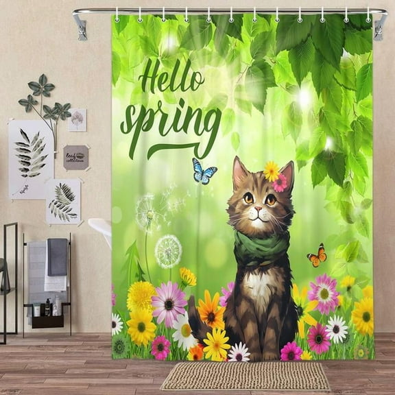 Spring Shower Curtain for Bathroom, Hellow Spring Cat Butterfly Floral Shower Curtain Set, Green Leaves Easter Fabric Shower Curtain Restroom Bathtub Decor Accessories with Hooks 72X 72 inch