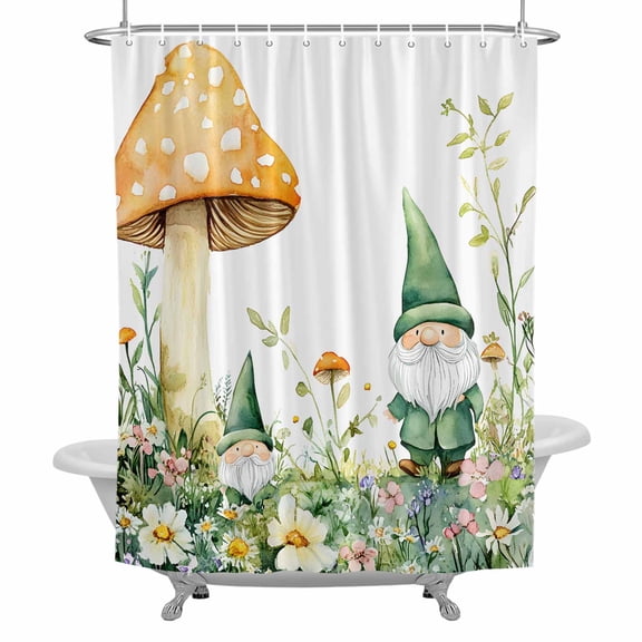 Spring Shower Curtain for Bathroom, Rustic Green Gnome Mushroom Flowers Plant Botanical Waterproof Cloth Fabric Bathroom Accessories Set with 12 Rust Proof Plastic Hooks, 72"x72"