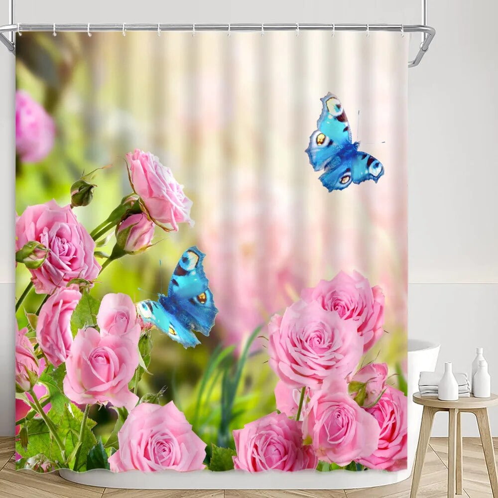Spring Shower Curtain Floral Landscape Butterfly Botanical Leaf River Farm Modern Home Polyester