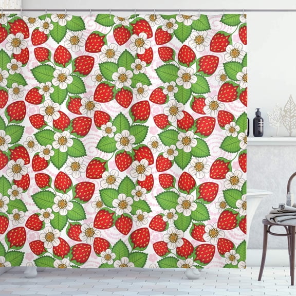 Spring Shower Curtain, Floral Pattern with Strawberries Flowers and Leaf Season Inspirational Design, Cloth Fabric Bathroom Decor Set with Hooks, 69" W x 84" L, Green Red