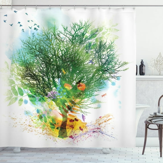 Spring Shower Curtain, Multiple Exposure Technique of Spring Themed Layers of Falling Leaves and Naked Tree, Fabric Bathroom Set with Hooks, 69W X 75L Inches Long, Multicolor, by Ambesonne