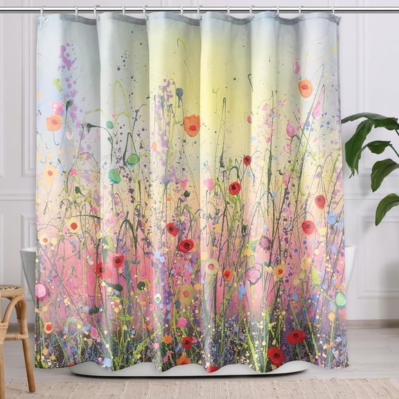 Spring Shower Curtain, Romantic Watercolor Flower for Bathroom Butterfly Fantasy Garden Plants Rustic Farmhouse Waterproof Bathtub Curtain with 12 Hooks,72x72 inches