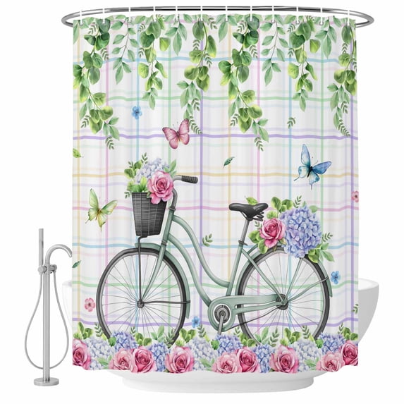 Spring Shower Curtain, Waterproof Shower Curtains for Bathroom, Bicycles Botanical Leaves Rose Colorful Stripes Washable Fabric Bathtub Curtain Set Bath Decor with 12 Hooks 72"x78"
