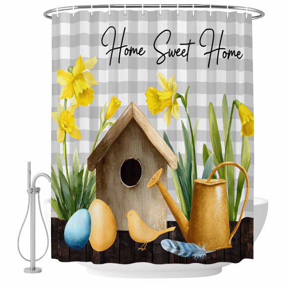 Spring Shower Curtain, Waterproof Shower Curtains for Bathroom, Country House Eggs Birds Botanical Floral Plaid Washable Fabric Bathtub Curtain Set Bath Decor with 12 Hooks Stall 36"x72"