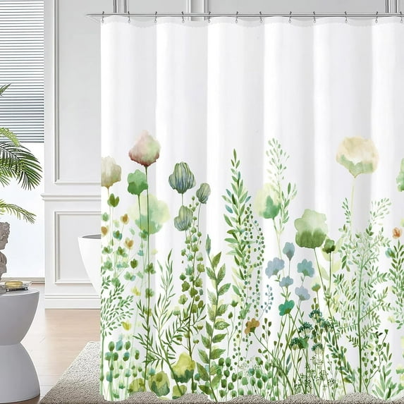 Spring Shower Curtain for Bathroom Watercolor Floral Fabric Plant Green
