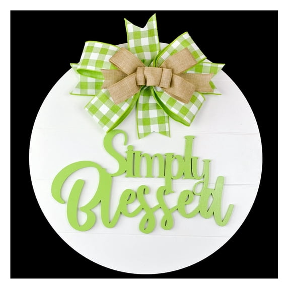 Spring Simply Blessed Door Hanger - Farmhouse Shiplap Round Front Porch Decor - Buffalo Plaid White (Lime Green)