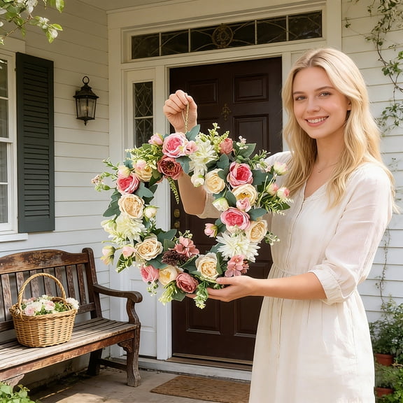 Spring Simulation Flower Wreath Door Pendant, Large Round Wreath for Front Door Wall Mount, Indoor Outdoor Home Decoration for Holidays Weddings Parties