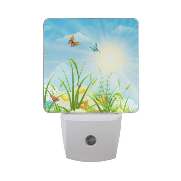 Spring Sky Butterfly Flowers Night Light LED Dusk to Dawn Auto Sensor Night Lamp Plug-in Nightlight for Bedroom Hallway Kitchen 2 PCs