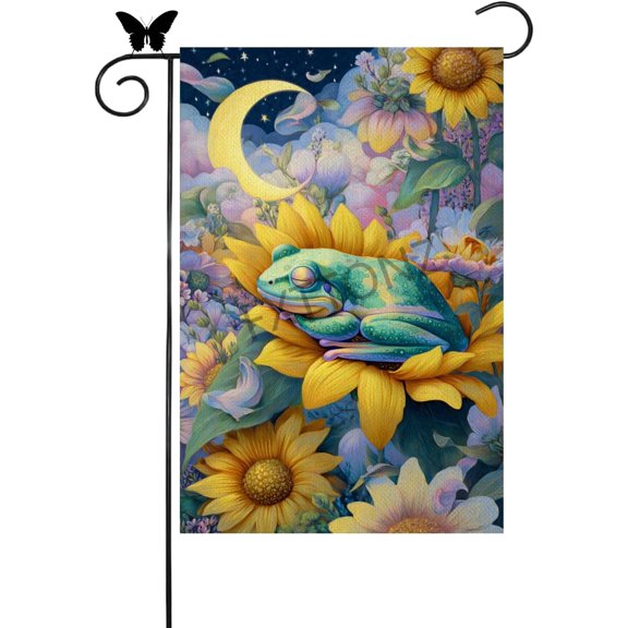 Spring Sleeping Frog Garden Flag 12x18 Inch with Sunflower Funny Seasonal Outdoor House Decoration