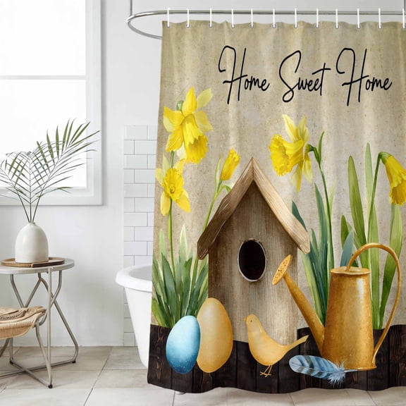 Spring Small Stall Shower Curtain, Waterproof Shower Curtains for Bathroom, Brown Vintage Birds Cages Eggs Flowers Herbs Washable Fabric Bath Curtain for Bathtub Decoration with Hooks 36x72 Inches