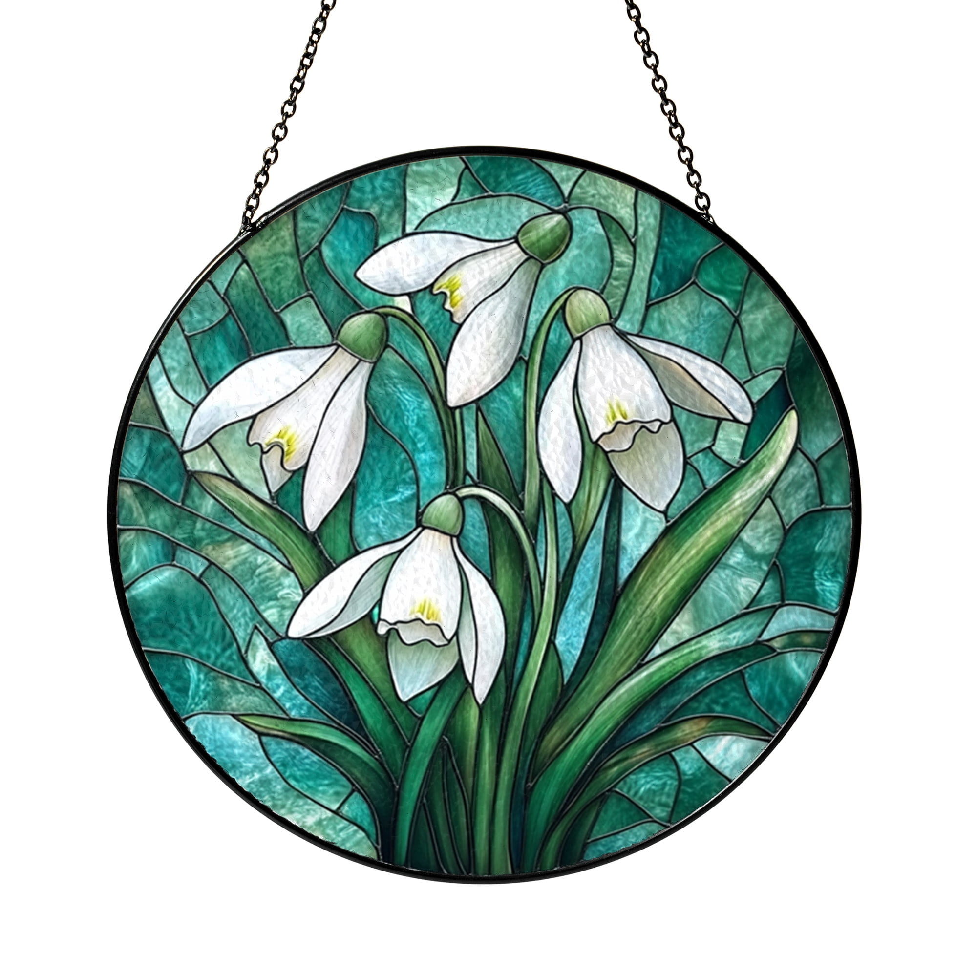Spring Snowdrop Faux Stained Glass Window Hanging – Floral Decorative Art