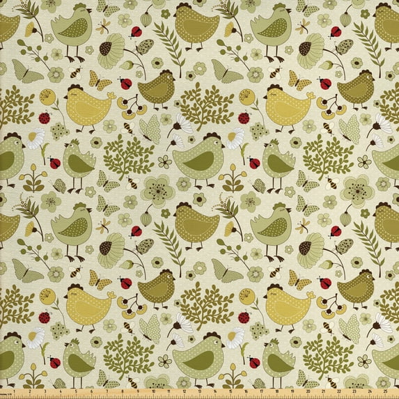 Ambesonne Spring Fabric by the Yard Upholstery, Bumble Bee Ladybug Dots, 2 Yards, Green Khaki