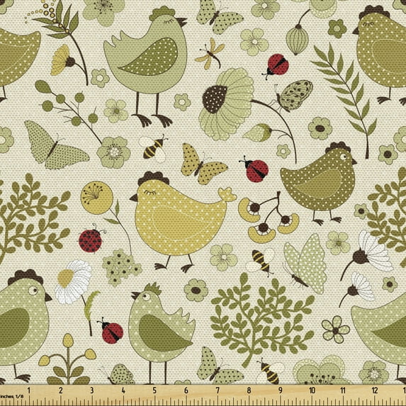 Ambesonne Spring Fabric by the Yard Upholstery, Bumble Bee Ladybug Dots, 1 Yard, Green Khaki