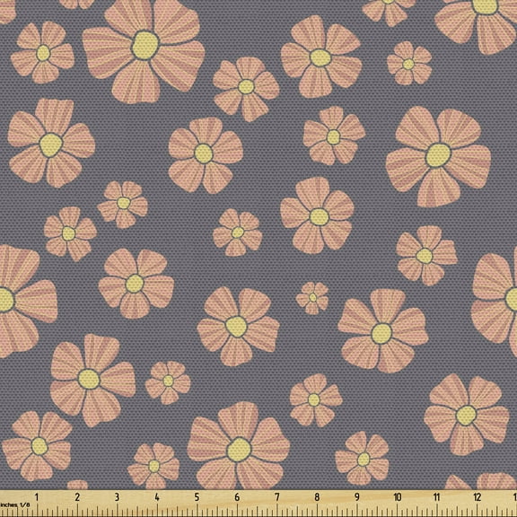 Spring Sofa Upholstery Fabric by the Yard, Doodle Style Blooming Flowers on Greyscale Background Garden Art Design, Decorative Fabric for DIY Home Accents, 1 Yard, Peach Taupe Grey Yellow by Ambesonne