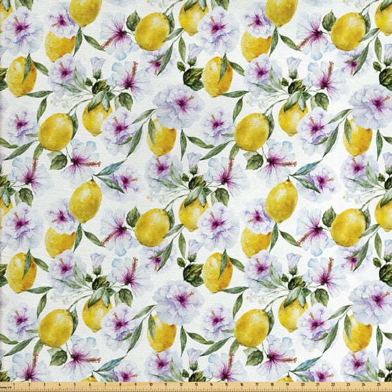 Ambesonne Spring Fabric by the Yard Upholstery, Hibiscus Flowers and Lemons, 10 Yards, Multicolor Yellow Green