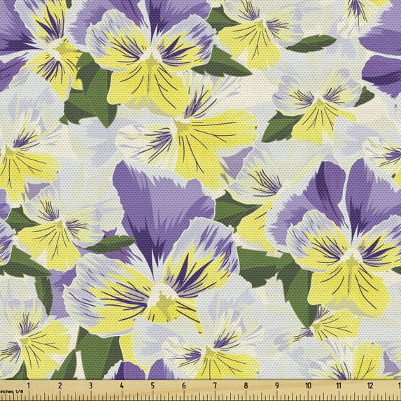 Ambesonne Spring Fabric by the Yard Upholstery, Pansy Flowers Bouquet Motif, 5 Yards, Green Violet and Yellow