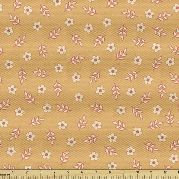 Spring Sofa Upholstery Fabric by the Yard, Seasonal Daisy Blossom with Fresh Foliage Leaves on Warm Colored Background, Decorative Fabric for DIY and Home Accents, Apricot Cream Coral by Ambesonne