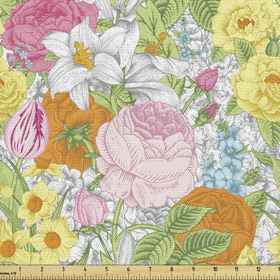 Ambesonne Spring Fabric by the Yard Upholstery, Vintage Rose Dahlia Meadow, 2 Yards, Multicolor