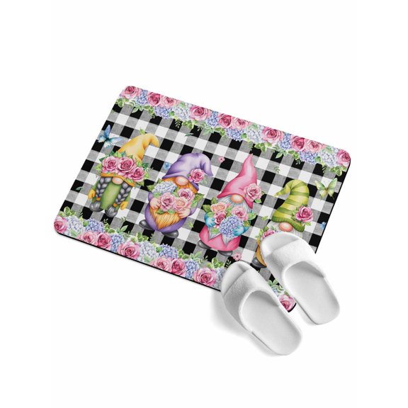 Spring Soft Diatomaceous Earth Mat, Purple Pink Green Rose Floral Leaf Gnomes Black Plaid Absorbent Bath Mat Non Slip Rubber Backed Quick Dry Doormat Fit Under Door for Bathroom Kitchen 24"x36"