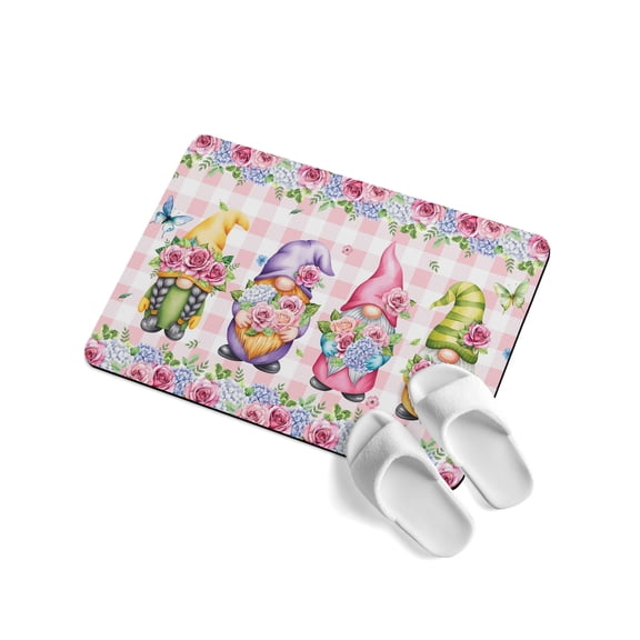 Spring Soft Diatomaceous Earth Mat, Purple Pink Green Rose Floral Leaf Gnomes Pink Plaid Absorbent Bath Mat Non Slip Rubber Backed Quick Dry Doormat Fit Under Door for Bathroom Kitchen 24"x36"