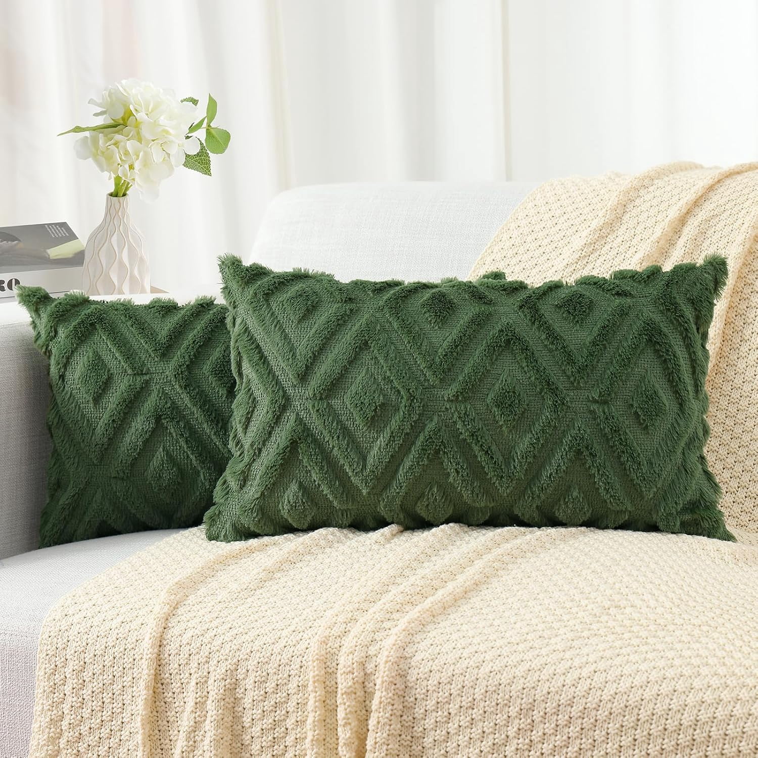 Spring Soft Faux Fur Throw Pillow Covers 12x20 Set of 2 - Plush Wool ...