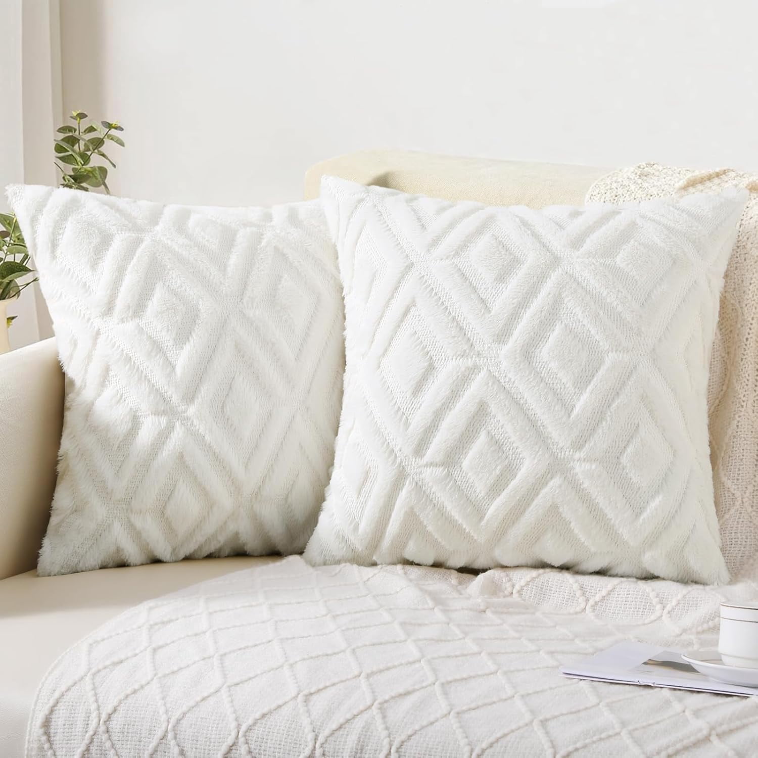 Spring Soft Faux Fur Throw Pillow Covers 22x22 Set of 2 - Plush Wool ...