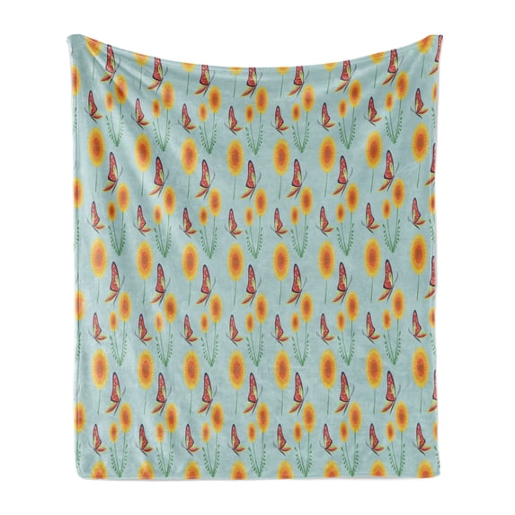 Spring Soft Flannel Fleece Blanket, Butterflies Flying on Dandelion Field Meadow Childish Botanical Cartoon, Cozy Plush for Indoor and Outdoor Use, 70" x 90", Pale Blue Marigold Red, by Ambesonne