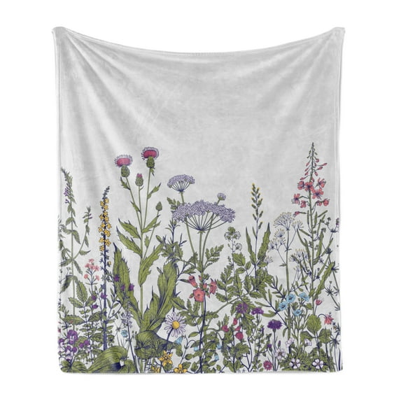 Spring Soft Flannel Fleece Blanket, Colorful Thriving Garden with Herbs and Flowers Pattern Seasonal Rural Field Meadow, Cozy Plush for Indoor and Outdoor Use, 70" x 90", Multicolor, by Ambesonne
