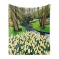 thumbnail image 1 of Spring Soft Flannel Fleece Blanket, Flower Garden in Recreation Park with Fresh Grass Field and Pond Nature Scene, Cozy Plush for Indoor and Outdoor Use, 50" x 60", Green and Brown, by Ambesonne, 1 of 6