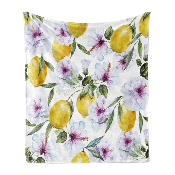 Spring Soft Flannel Fleece Blanket, Flowers Lemons Essence Refreshing Agriculture Harvest Aroma Organic Watercolor Art, Cozy Plush for Indoor and Outdoor Use, 60" x 80", Multicolor, by Ambesonne
