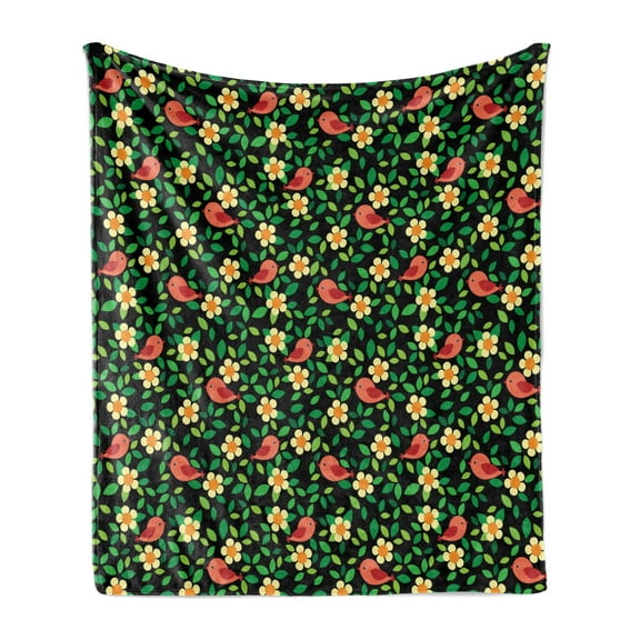 Spring Soft Flannel Fleece Blanket, Little Birds Among Daisy Flowers Leaves Field Chamomile Petals Cartoon, Cozy Plush for Indoor and Outdoor Use, 50" x 70", Dark Coral Black Green, by Ambesonne