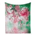 thumbnail image 1 of Spring Soft Flannel Fleece Blanket, Refreshing Rose Petals and Butterfly Water Romance Beauty Bouquet Design, Cozy Plush for Indoor and Outdoor Use, 70" x 90", Jade Green Pale Pink, by Ambesonne, 1 of 5