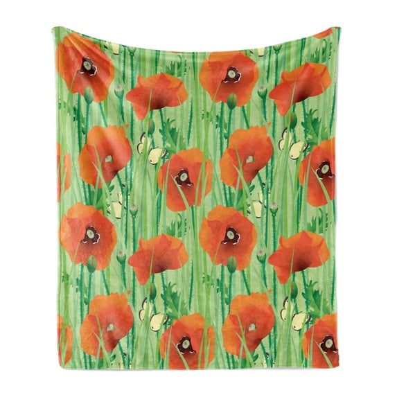 Spring Soft Flannel Fleece Blanket, Scarlet Poppy Flowers Field with Butterflies Inspirational Wild Herbs Design, Cozy Plush for Indoor and Outdoor Use, 50" x 60", Fern Green Scarlet, by Ambesonne