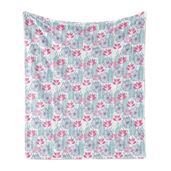 Spring Soft Flannel Fleece Throw Blanket, Abstract Colorful Drawings of Floral Elements with Rain Drops Nature Art Print, Cozy Plush for Indoor and Outdoor Use, 70" x 90", Multicolor, by Ambesonne