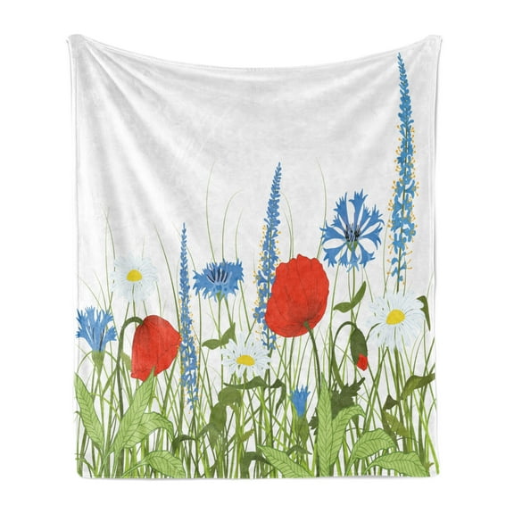 Spring Soft Flannel Fleece Throw Blanket, Bloomed Poppy and Chamomile Among Wild Herbs and Grasses, Cozy Plush for Indoor and Outdoor Use, 60" x 80", Apple Green Azure Blue, by Ambesonne