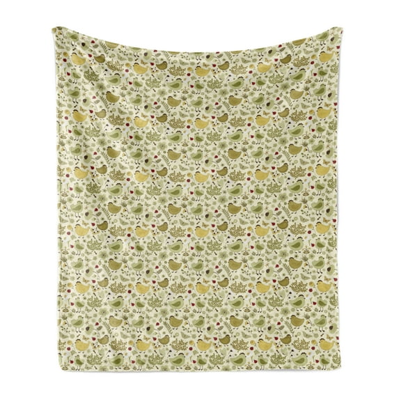 Spring Soft Flannel Fleece Throw Blanket, Chicken Ladybug and Bees Ornamental Nature Composition on Polka Dotted Backdrop, Cozy Plush for Indoor and Outdoor Use, 70" x 90", Green Khaki, by Ambesonne