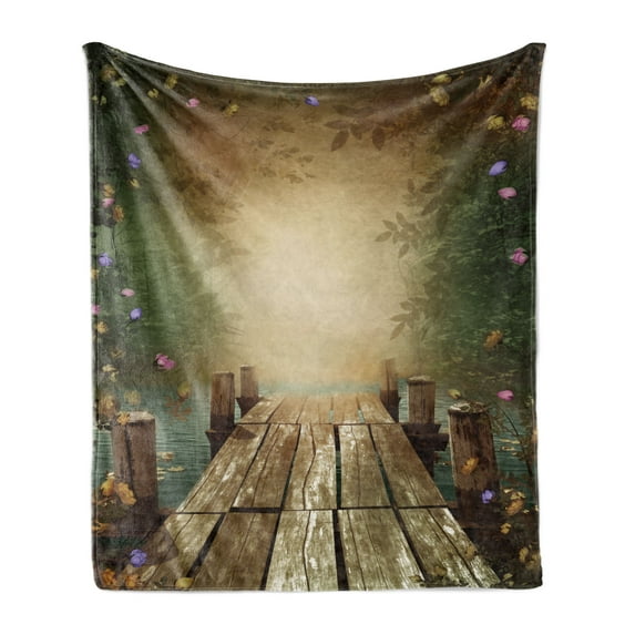 Spring Soft Flannel Fleece Throw Blanket, Coming of the Summer Themed Lake and Blooming Flowers Illustration Wooden Pier, Cozy Plush for Indoor and Outdoor Use, 50" x 70", Multicolor, by Ambesonne