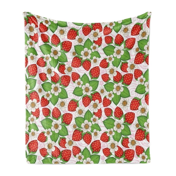 Spring Soft Flannel Fleece Throw Blanket, Floral Pattern with Strawberries Flowers and Leaf Season Inspirational Design, Cozy Plush for Indoor and Outdoor Use, 50" x 70", Green Red, by Ambesonne