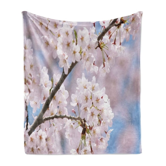 Spring Soft Flannel Fleece Throw Blanket, Floral Tree Branches Cherry Blossoming Petals Buds Flourishing Natural Landscape, Cozy Plush for Indoor and Outdoor Use, 70" x 90", Baby Pink, by Ambesonne