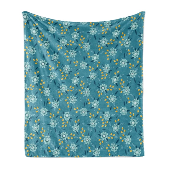 Spring Soft Flannel Fleece Throw Blanket, Flourishing Blooms Summertime Petals Shabby Leaves Retro Gardening Art, Cozy Plush for Indoor and Outdoor Use, 50" x 60", Teal Earth Yellow, by Ambesonne