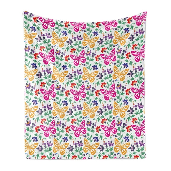 Spring Soft Flannel Fleece Throw Blanket, Flowers Butterflies Plants Vibrant Summer Blooms Leaves Nature Wings Design, Cozy Plush for Indoor and Outdoor Use, 50" x 60", Multicolor, by Ambesonne