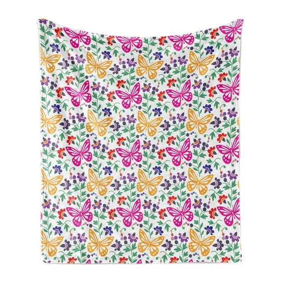 Spring Soft Flannel Fleece Throw Blanket, Flowers Butterflies Plants Vibrant Summer Blooms Leaves Nature Wings Design, Cozy Plush for Indoor and Outdoor Use, 50" x 60", Multicolor, by Ambesonne