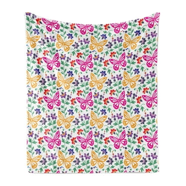 Spring Soft Flannel Fleece Throw Blanket, Flowers Butterflies Plants Vibrant Summer Blooms Leaves Nature Wings Design, Cozy Plush for Indoor and Outdoor Use, 60" x 80", Multicolor, by Ambesonne