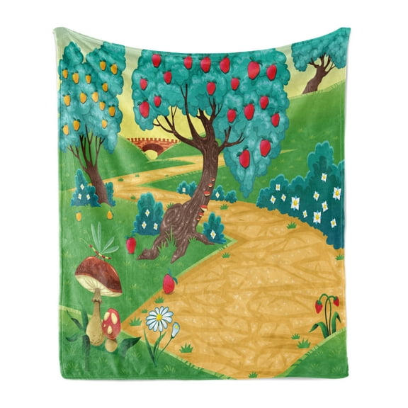Spring Soft Flannel Fleece Throw Blanket, Greeny Spring Lanscape with Mushrooms Dragonfly Strawberry Fruit Trees of Apple, Cozy Plush for Indoor and Outdoor Use, 50" x 70", Multicolor, by Ambesonne