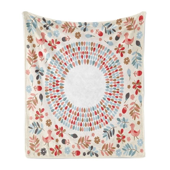 Spring Soft Flannel Fleece Throw Blanket, Inspired Botanical Pattern with Birds Herbs Flowers and Buds, Cozy Plush for Indoor and Outdoor Use, 50" x 60", Multicolor, by Ambesonne