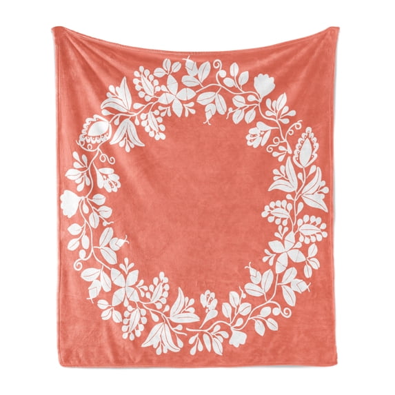 Spring Soft Flannel Fleece Throw Blanket, Monochrome Design of Wreath with Floral Botanical Elements Illustration, Cozy Plush for Indoor and Outdoor Use, 60" x 80", Salmon and White, by Ambesonne