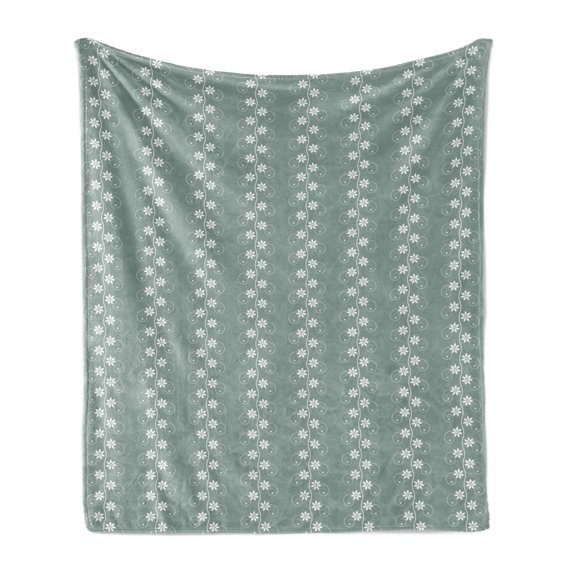Spring Soft Flannel Fleece Throw Blanket, Old Fashion Flowers with Rococo Influences Essence Lace Pattern Print, Cozy Plush for Indoor and Outdoor Use, 50" x 60", Pale Sage Green White, by Ambesonne