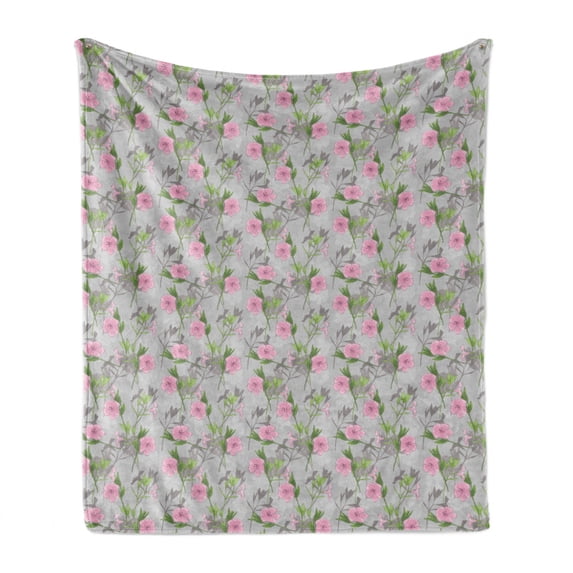 Spring Soft Flannel Fleece Throw Blanket, Pink Blossoms Green Stems and Leaves Flourishing Garden Growth with Silhouettes, Cozy Plush for Indoor and Outdoor Use, 70" x 90", Multicolor, by Ambesonne