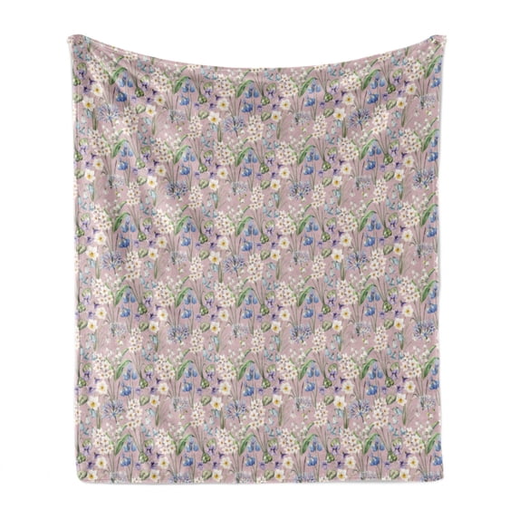 Spring Soft Flannel Fleece Throw Blanket, Summer Field Farm Flowers Blooms Daisies Leaves Lilac Tulips Art Print, Cozy Plush for Indoor and Outdoor Use, 60" x 80", Lilac Blue and White, by Ambesonne